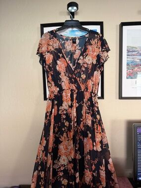 Black Floral Wrap Maxi Dress with Coral Blooms